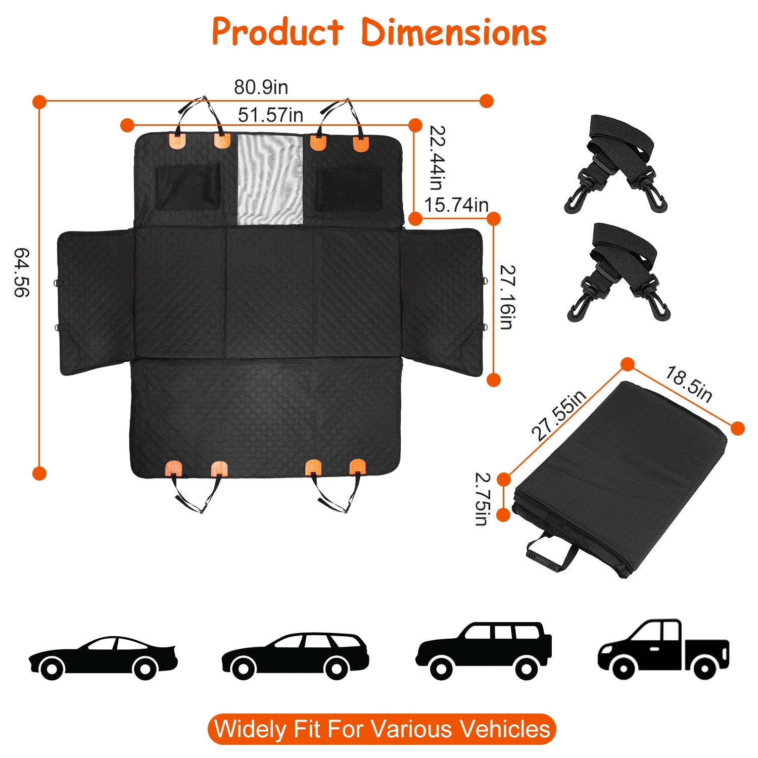 Dog Car Back Seat Cover With Zipper Mesh, Storage Bags Waterproof With Slide Flaps