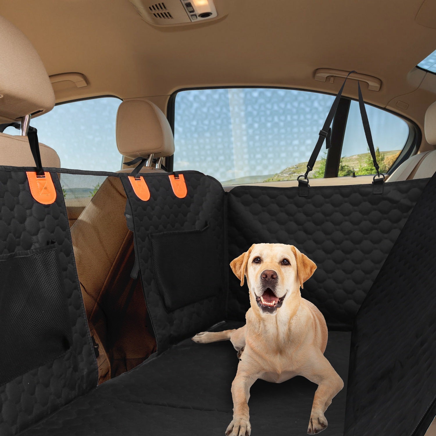 Dog Car Back Seat Cover With Zipper Mesh, Storage Bags Waterproof With Slide Flaps