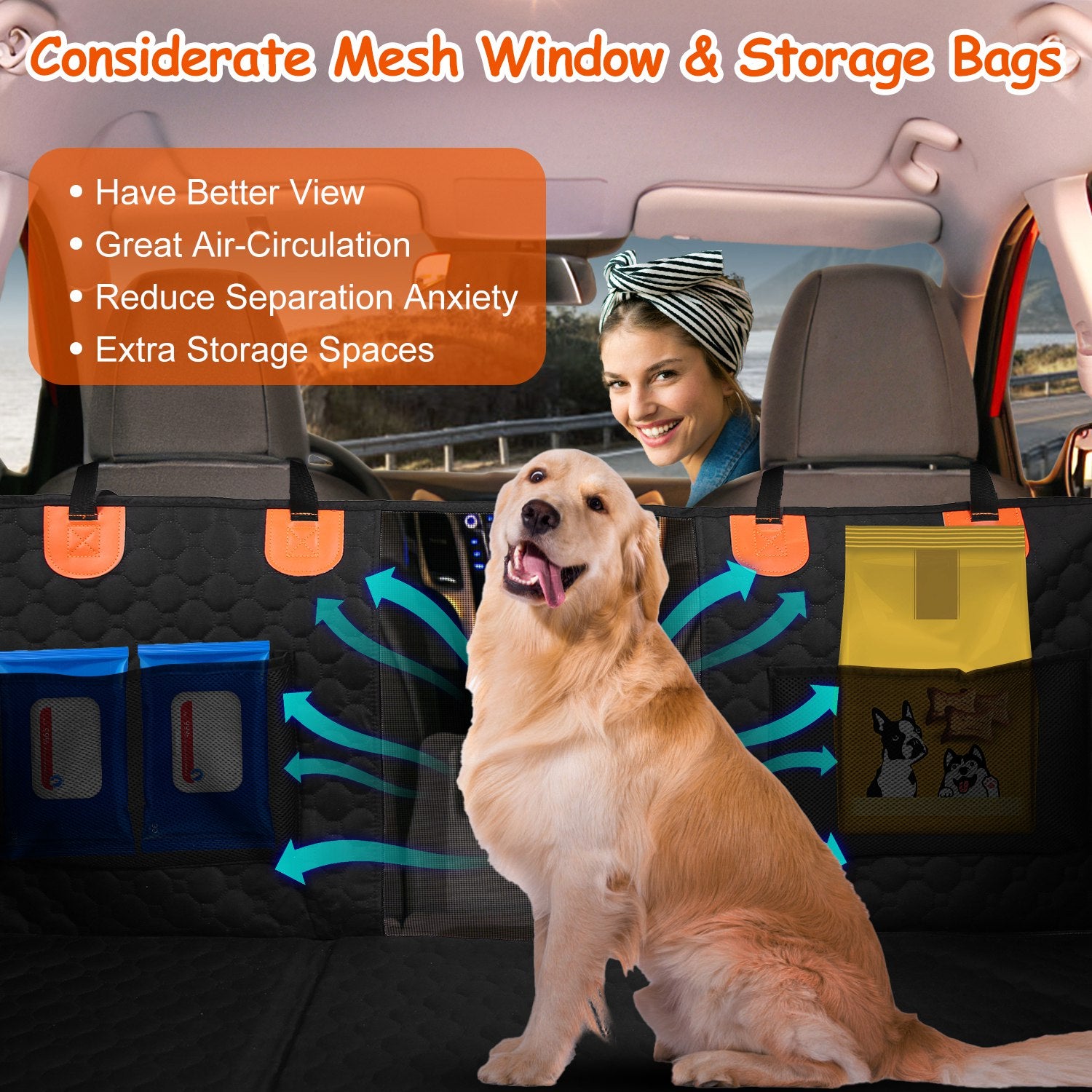 Dog Car Back Seat Cover With Zipper Mesh, Storage Bags Waterproof With Slide Flaps