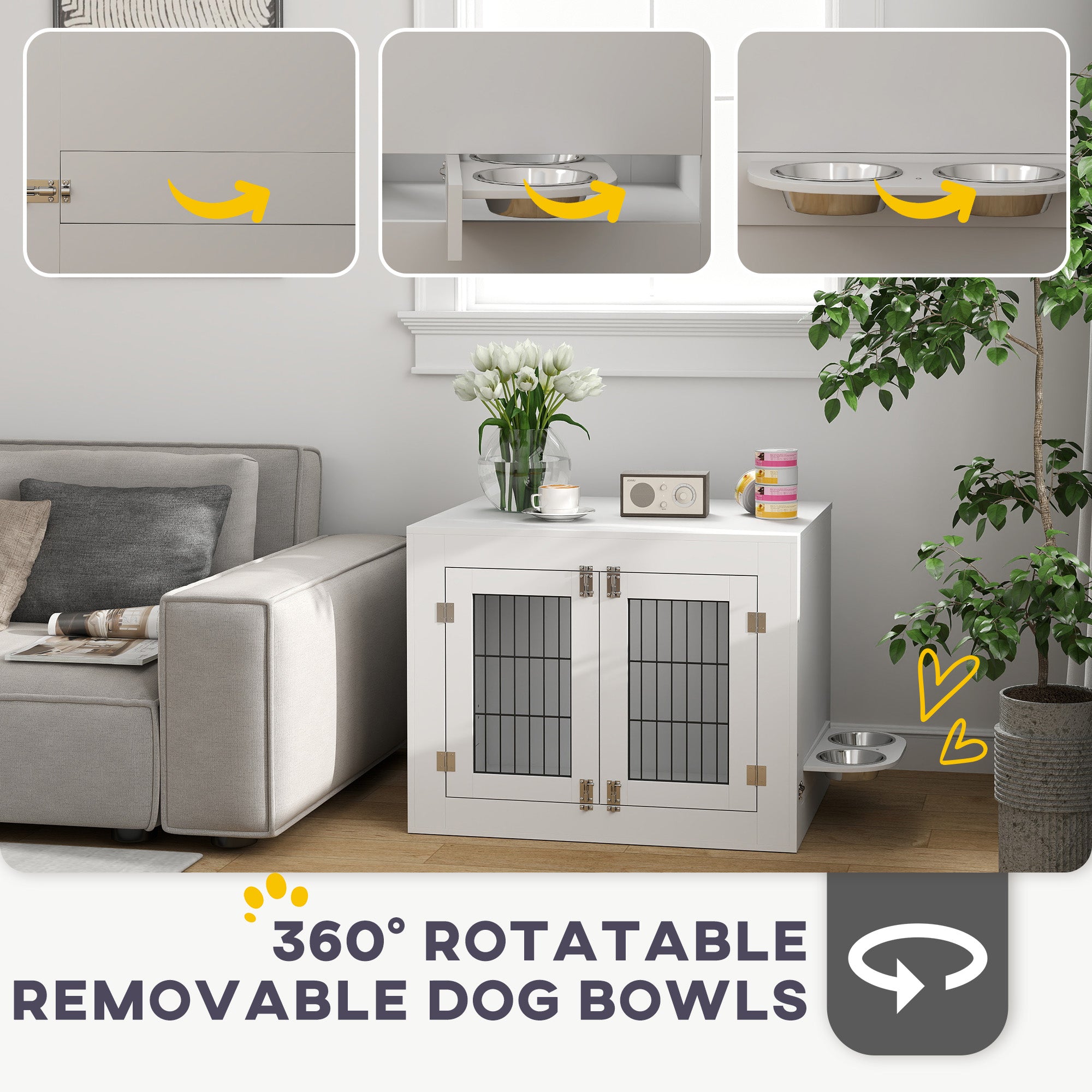 Dog Crate Furniture with 360° Rotatable Removable Dog Bowls