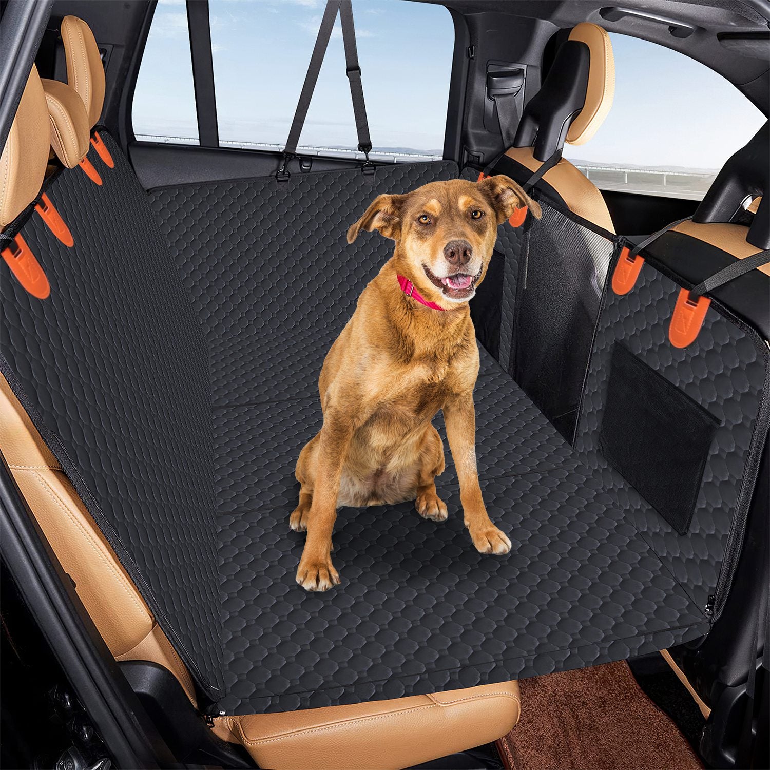 Dog Car Back Seat Cover With Zipper Mesh, Storage Bags Waterproof With Slide Flaps