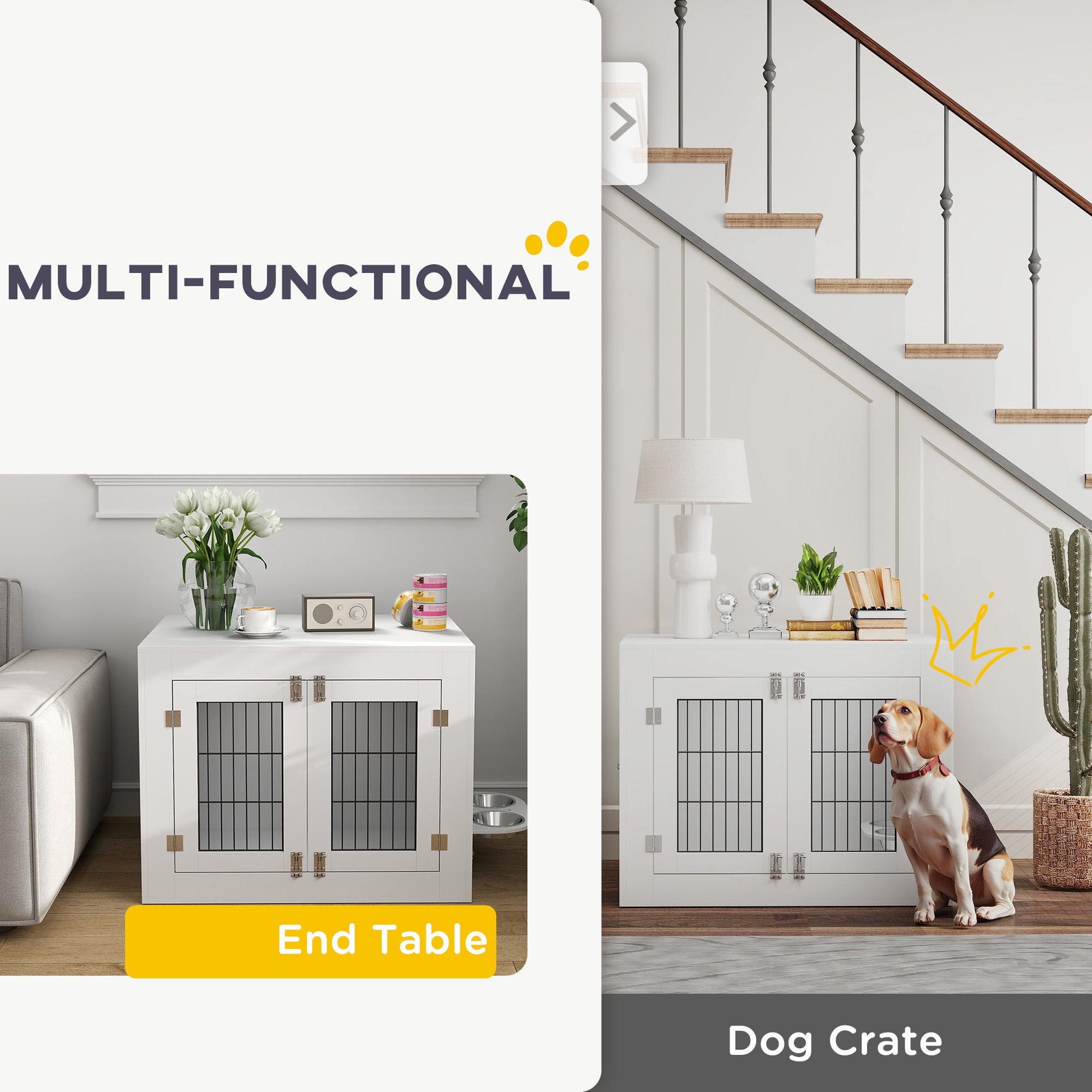 Dog Crate Furniture with 360° Rotatable Removable Dog Bowls