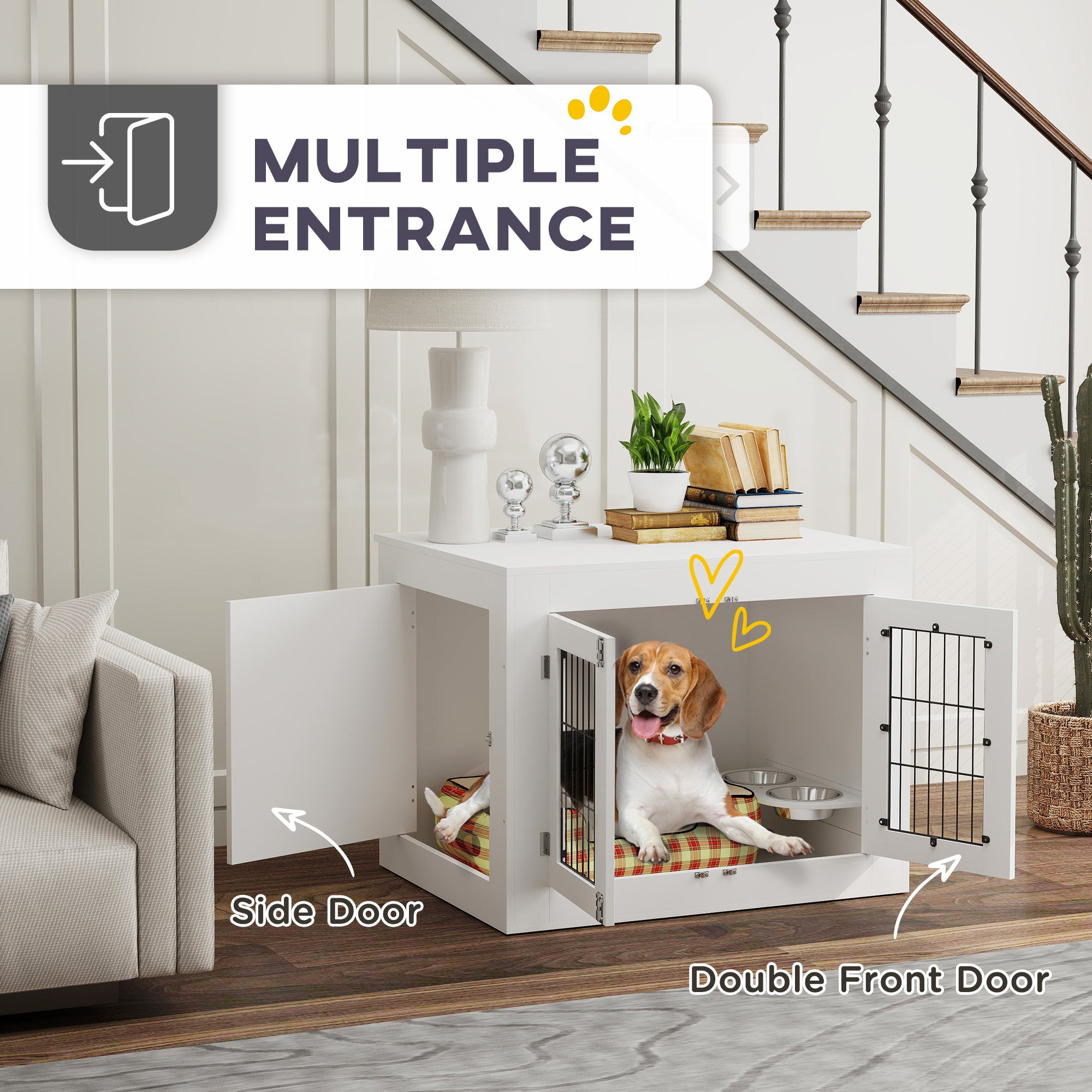 Dog Crate Furniture with 360° Rotatable Removable Dog Bowls